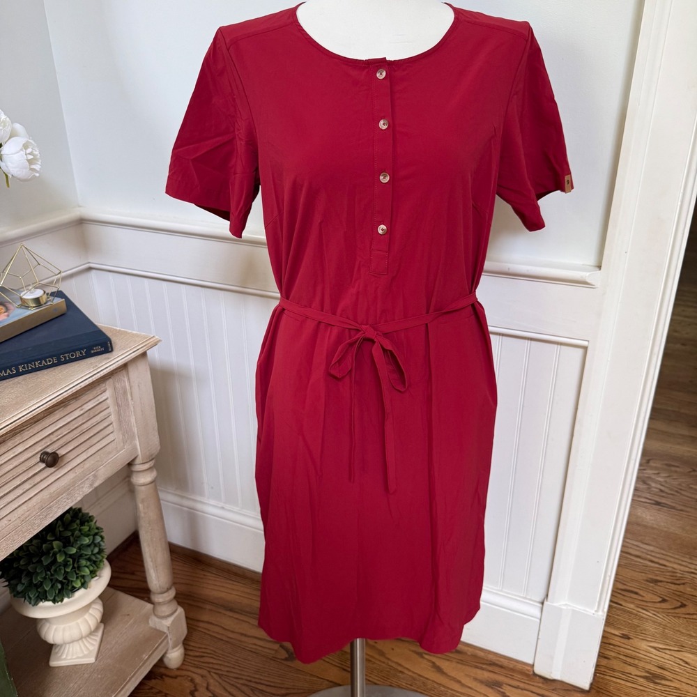 Fjallraven High Coast Dress Womens Medium Red Short Sleeve Belted Hiking Travel‎